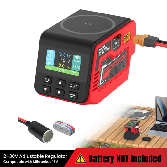 Adjustable 2–30V DC Voltage Regulator Compatible with Milwaukee 18V Battery – 300W XT60 Output, 100W USB-C PD3.0, 18W USB-A Fast Charging, 15W Wireless Charging, LCD Display