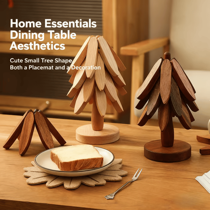 ✨Natural Tree Trivet Set - 4 bamoo Trivets & 1 Stand Like a Christmas Tree