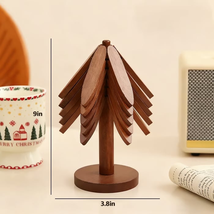 ✨Natural Tree Trivet Set - 4 bamoo Trivets & 1 Stand Like a Christmas Tree
