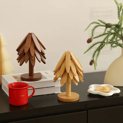 ✨Natural Tree Trivet Set - 4 bamoo Trivets & 1 Stand Like a Christmas Tree