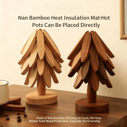 ✨Natural Tree Trivet Set - 4 bamoo Trivets & 1 Stand Like a Christmas Tree