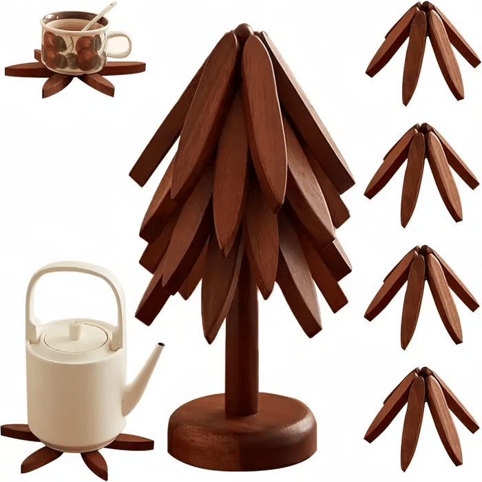 ✨Natural Tree Trivet Set - 4 bamoo Trivets & 1 Stand Like a Christmas Tree