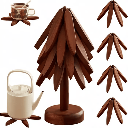 ✨Natural Tree Trivet Set - 4 bamoo Trivets & 1 Stand Like a Christmas Tree